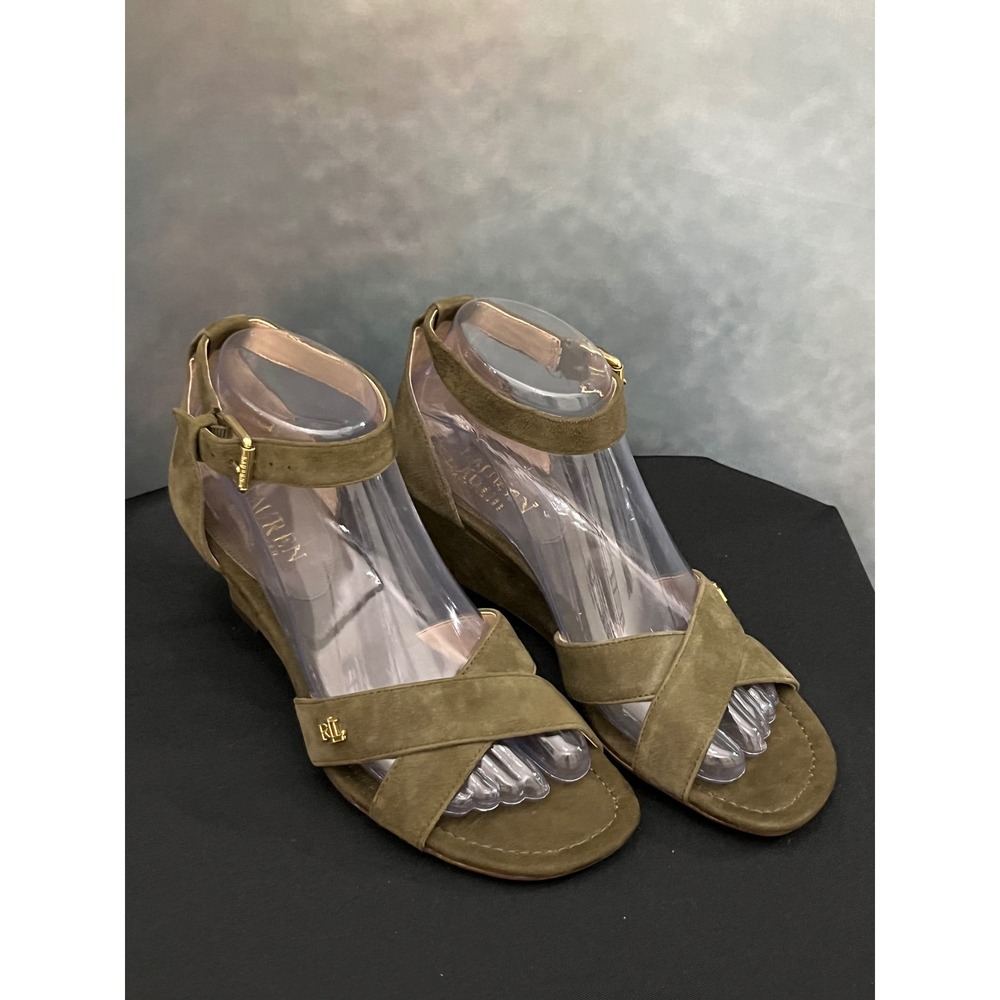 Lauren Ralph Lauren Green Suede Wedge Sandals Ankle Strap Summer Shoes